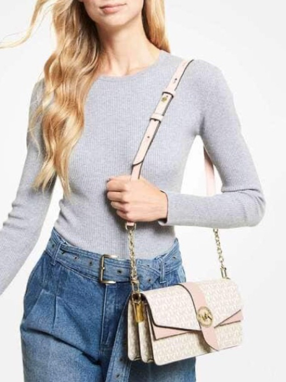 Michael Kors Greenwich Medium Logo Shoulder Bag NWT Beige Multi Colorblock $385